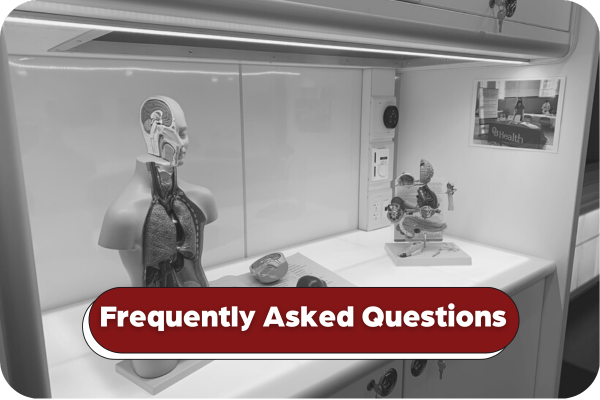 Black and white image of anatomical models at one of the work stations on the health sciences explorer. Title on image says Frequently Asked Questions.
