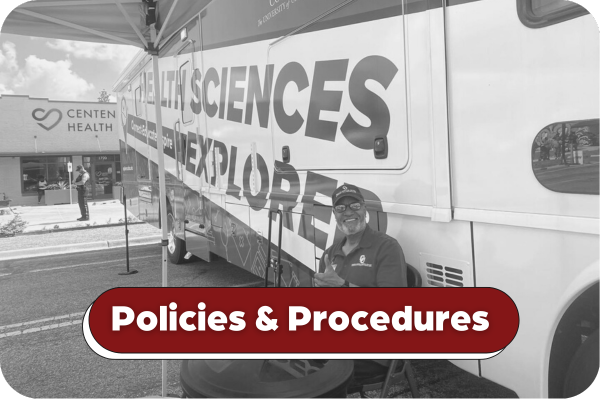 Black and white image of Alvin, one of the drivers, sitting in front of the Health Sciences Explorer smiling and giving a thumbs up. Title on image says Policies and Procedures