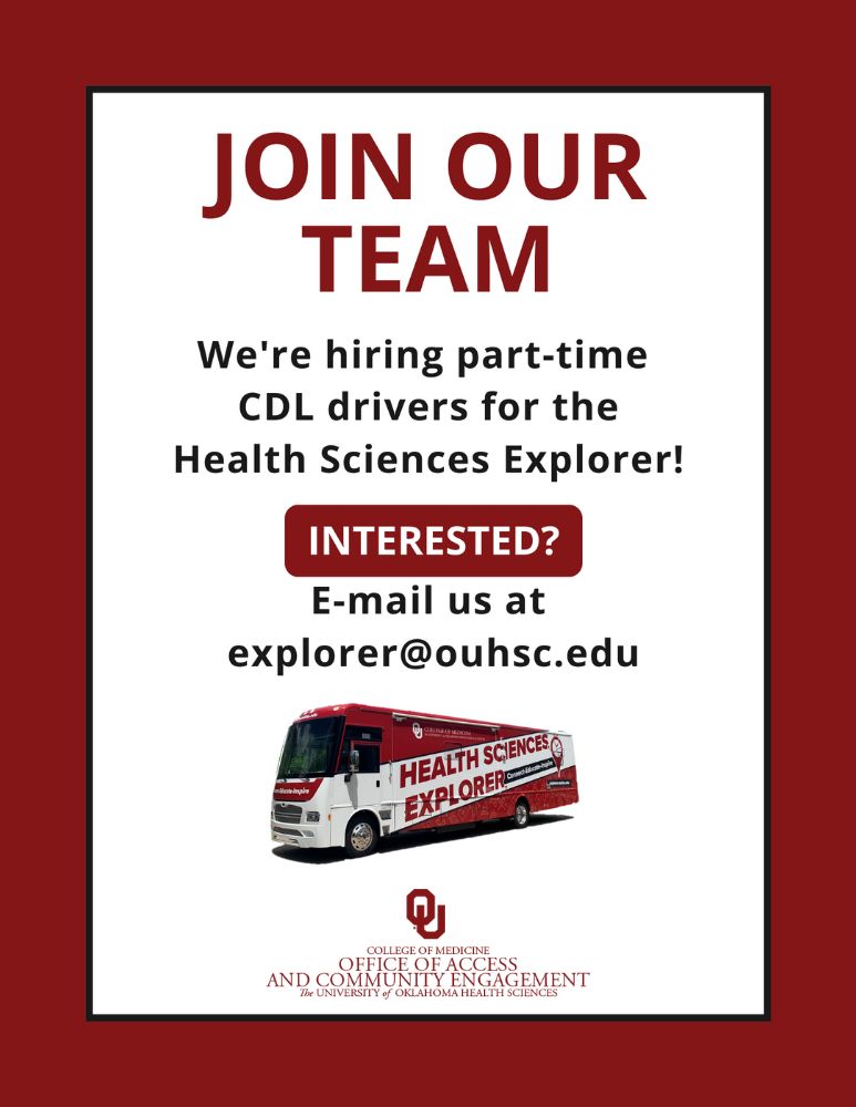 Join our team! We're hiring part-time CDL drivers for the Health Sciences Explorer. E-mail us at explorer@ouhsc.edu